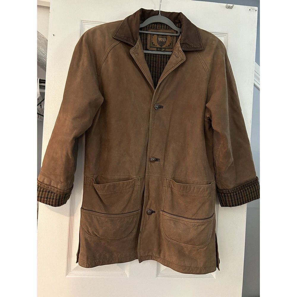 FORENZA Leather Trench Coat Plaid Lining Women's Medium Shoulder Pads Vintage‎